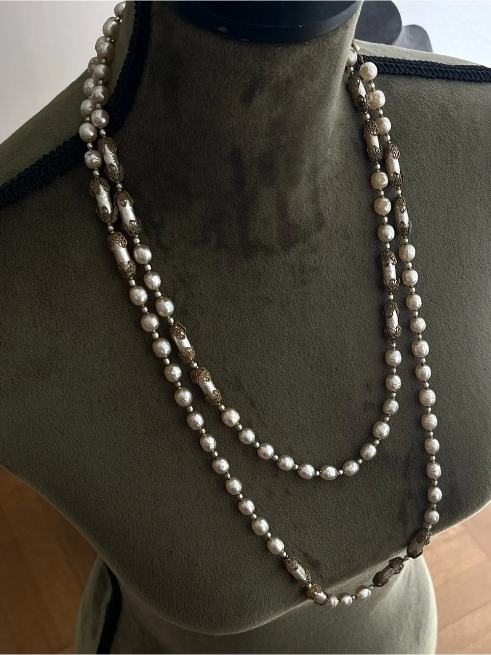Vintage Miriam Haskell Glass Baroque Pearl Double-Layered Long Beaded Necklace